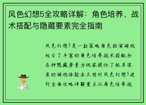 风色幻想5全攻略详解：角色培养、战术搭配与隐藏要素完全指南